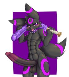 1boy abs anthro balls biceps big_penis black_fur blush dildo eeveelution erection fur huge_cock humanoid_penis looking_at_viewer male male_only markings melee_weapon muscular nintendo nude open_mouth pecs penis pokemon pokemon_(species) purple_eyes purple_fur pvt._keron sex_toy solo standing sword teeth tongue tongue_out umbreon video_games weapon