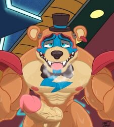 absurd_res anthro bear big_penis bodily_fluids ear_piercing erection five_nights_at_freddy's five_nights_at_freddy's:_security_breach genitals glamrock_freddy hi_res human male male_only mammal max_lz muscular muscular_anthro muscular_male orange_body penis piercing relaxed_expression scottgames smile solo steel_wool_studios vein veiny_penis