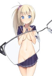 blonde_hair blue_eyes breasts covering covering_breasts female groin konchi long_hair mound_of_venus navel nude original school_uniform side_ponytail skirt solo voyeur voyeurism x-ray_glasses x-ray_vision