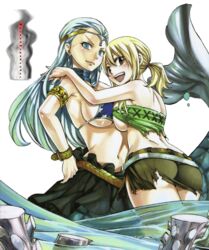 2girls aquarius_(fairy_tail) big_breasts bikini_top blonde_hair blue_eyes blue_hair breast_press breasts fairy_tail female female_only fish_tail hair human long_hair looking_at_viewer looking_back lucy_heartfilia mermaid multiple_girls mutual_yuri open_mouth skirt smile smirk symmetrical_docking tied_hair torn_clothes twintails yuri zodiac