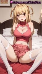 1girls ai_generated anime anime_style bangs bare_arms bare_shoulders bed blonde_hair blush breasts brown_eyes bust busty cleavage cleavage_cutout clothing_cutout crop_top death_note female female_focus female_only heart_cutout hentai indoors knees_up lamp large_breasts lipstick long_hair looking_at_viewer makeup midriff miniskirt misa_amane natsuyoru navel no_shoes on_bed panties parted_lips pillow pink_panties pink_shirt pink_skirt pleated_skirt red_lips red_panties red_shirt shirt sitting skirt sleeveless sleeveless_shirt smile solo solo_female spread_legs stomach sweater thighhighs thighs tongue tongue_out turtleneck two_side_up underwear voluptuous voluptuous_female white_thighhighs