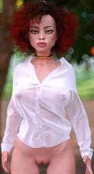 3d animated beach big_nipples bottomless breasts casual clothing female human necklace outdoors red_hair shirt smerinka transparent_clothing white_shirt