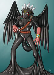 anthro audie-gryph avian black_skin breasts claws female garion goo green_eyes human legendz mammal pussy rubber_suit simple_background solo transformation