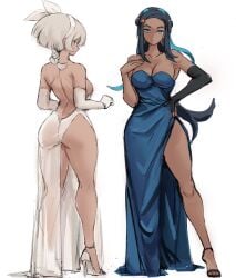 2girls ass bea_(pokemon) big_ass cleavage dress female female_only high_heels human large_breasts long_legs multiple_girls nessa_(pokemon) pokemon rakeemspoon