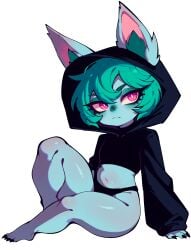 1girls ai_assisted ai_generated black_hoodie black_panties blue_skin crop_top crop_top_hoodie green_hair highleg_panties hood_up hoodie large_ears league_of_legends losforry_custom purple_eyes shortstack sitting solo thick_thighs transparent_background vex_(league_of_legends) yordle