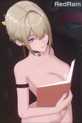 1girls 3d 3d_animation abs animated big_breasts blonde_female blonde_hair blue_eyes book book_cover breasts choker covering_breasts evelyn_chevalier female female_focus female_only fit_female hoyoverse large_breasts looking_at_viewer meme mihoyo nipples nude ouch_meme redrainsfm rubyredva shiny_skin solo solo_female solo_focus sound tagme video zenless_zone_zero