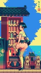 architecture ass black_hair blue_sky breasts clothes_lift cloud crop_top east_asian_architecture female from_behind full_body high_heels highres horizon large_breasts looking_at_viewer looking_back midriff mykar no_panties no_smoking original pixel_art short_hair skirt skirt_lift sky solo thighhighs underboob vending_machine