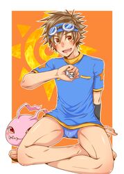 baby baby_digimon bulge crest_of_courage crests_(digimon) digimon digimon_(species) digivice dong_chen human koromon looking_at_viewer male male_focus male_only open_mouth taichi_yagami