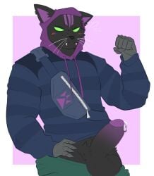 anthro balls black_body black_fur bluedomstar blush bodily_fluids clothing epic_games erection felid feline fortnite fur genital_fluids genitals glowing glowing_eyes half-closed_eyes hi_res hoodie humanoid_genitalia humanoid_penis male mammal multicolored_body multicolored_fur narrowed_eyes nyanja_(fortnite) penis pouch_(clothing) precum robotic_hand solo sweat topwear whiskers