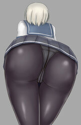 1girls ass black_skirt cowboy_shot female female_only from_behind grey_background hamakaze_(kantai_collection) kantai_collection leaning_forward panties panties_under_pantyhose pantyhose pleated_skirt sailor_collar shirt short_hair silver_hair simple_background skirt solo standing terakoya underwear upskirt white_shirt