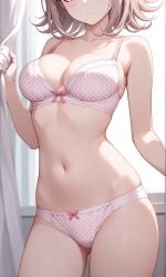 1girl ai_generated almost_naked artist_request bedroom belly_button blush boob_window bra bra_and_panties breasts cleavage curtain danganronpa danganronpa_2:_goodbye_despair female female_only frown nanami_chiaki navel panties pink_bra pink_panties pixiv_link silver_hair sunlight tagme thin_waist window window_curtains