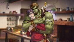 2boys arm_hair armband bara beard beauty_mark beefy belt biceps big_hands blonde_hair blurry_background blush bracelet brown_hair chest_hair cyan_eyes dear_monster depth_of_field earrings embrace eyelashes fangs frown gay gloves green_skin hairy height_difference hi_res hugging hugging_from_behind hunk jouvru_(joberu) kitchen kitchen_utensils long_teeth looking_at_another male male_only manly mature_male mole mole_under_eye multicolored_hair muscles muscular muscular_male muscular_thighs orc orc_male pecs pointy_ears pouch purple_hair sharp_teeth short_hair sideburns size_difference spiked_armor standing sweat sweatdrop teeth thick_arms thick_eyebrows tough_guy v-shaped_eyebrows veiny_arms veiny_hands veiny_muscles weapon_on_back yaoi yellow_eyes