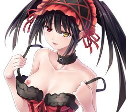 black_hair breasts choker date_a_live female hairband heterochromia highres lolita_hairband long_hair nipples red_eyes see-through silence simple_background smile tied_hair tokisaki_kurumi twintails undressing upper_body yellow_eyes