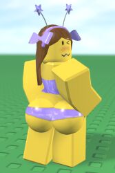 1girls 3d ass bikini bloxzrd blush brown_hair female female_only purple_bikini purple_ribbons roblox roblox_avatar robloxian tagme yellow_body yellow_skin