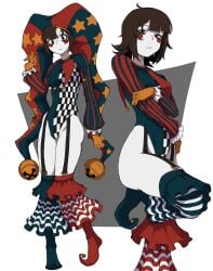 1girls absurdres asymmetrical_gloves blue_eyes blush_stickers brown_hair checkered_clothes colored_skin detached_eyes female gloves hat hat_bell highres jester jester_cap jester_costume kekel mismatched_gloves multicolored_eyes multicolored_hat pomni_(the_amazing_digital_circus) puffy_sleeves red_eyes short_hair short_sleeves solo star_(symbol) star_print striped_clothes striped_headwear suspenders the_amazing_digital_circus two-tone_eyes vertical-striped_clothes vertical-striped_headwear white_skin