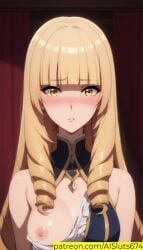 ai_generated ai_sluts blonde_hair blush kage_no_jitsuryokusha_ni_naritakute! one_breast_out rose_oriana sole_female the_eminence_in_shadow