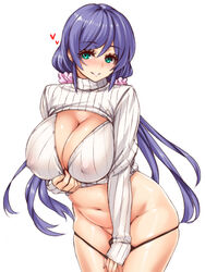 aqua_eyes belly blush breasts cleavage cleavage_cutout cowboy_shot curvy erect_nipples female green_eyes hayama_kazusa heart huge_breasts leaning_forward long_hair long_sleeves looking_at_viewer love_live! love_live!_school_idol_project navel no_pants nose_blush open-chest_sweater panties panty_pull parted_lips plump purple_hair ribbed_sweater shiny shiny_skin simple_background sleeves_past_wrists smile solo standing sweater thighs tied_hair toujou_nozomi turtleneck twintails underwear very_long_hair white_background wide_hips