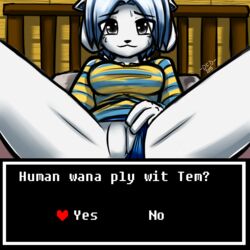 breasts clothing datfurrydude female furry game imminent_sex interspecies on_bed option presenting presenting_pussy short_hair solo_focus spread_legs sweat temmie temmie_(undertale) undertale video_games