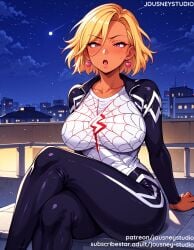 ai_generated android_18 animification arm_support bangs blonde_hair blush bodysuit breasts building cindy_moon city cityscape clothing cosplay crossed_legs dark-skinned_female dark_skin earrings english_text female female_only heart heart_earrings jacket jewelry large_breasts lips long_sleeves looking_at_viewer marvel marvel_comics medium_hair moon night night_sky open_mouth original outdoors pants parted_lips piercing pink_eyes purple_eyes shirt short_hair silk sitting skin_tight sky solo spider_web_print star_(sky) starry_sky superhero sweatdrop text thick_thighs thighs