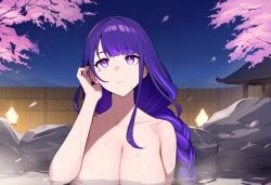 ai_generated braid cherry_blossoms completely_nude completely_nude_female female female genshin_impact hand_in_own_hair hoyoverse large_breasts long_hair looking_up mole_under_eye night night_sky novelai onsen outdoors partially_submerged purple_eyes purple_hair raiden_shogun sitting steam stone_floor water wet