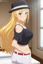 1girl ai_generated ass bed belt black_headwear black_shirt blonde_hair blunt_bangs blush braid breasts brown_eyes closed_mouth clothing_cutout crop_top digitalwaifugallery hand_on_own_hip hat hi_res high_quality high_resolution indoors jewelry large_breasts long_hair looking_at_viewer looking_back midriff necklace off-shoulder_shirt on_bed pants patreon red_belt seductive sexy shirt short_sleeves shoulder_cutout smile solo standing uncensored watermark white_pants window
