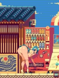 architecture ass bent_over blue_hair cloud east_asian_architecture female from_behind ice_cream_cone looking_back mykar original outdoors panties pixel_art scanlines short_hair solo underwear vending_machine