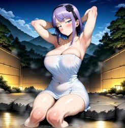 ai_generated armpits arms_up artist_request bare_thighs blue_eyes blush dagashi_kashi gigantic_breasts hairband hot_spring huge_breasts huge_thighs light-skinned_female light_skin looking_at_viewer massive_breasts purple_hair shidare_hotaru short_hair smiling solo_female squatting sweat sweatdrop thick_body thick_female thick_thighs thighs towel towel_only voluptuous voluptuous_female