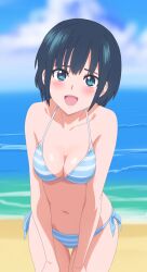 1girls bare_legs bare_shoulders blue_eyes blue_hair blush botan_nagatsuki breasts_squeezed_together cleavage collarbone leaning_forward looking_at_viewer medium_breasts mononogatari short_hair string_bikini striped_bikini