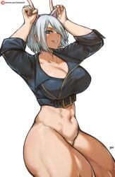 1girls angel_(kof) ass ass_out bakaatako batako big_ass big_breasts blue_eyes breasts busty cat_ears cat_girl catgirl cleavage clothed curvaceous curvy_figure exposed_ass female fit_female hands_up huge_ass huge_breasts imminent_sex inviting_to_sex jacket king_of_fighters light-skinned_female light_skin muscular muscular_female no_panties no_pants pale-skinned_female pale_skin pointing removed_clothing removed_panties seducing seductive short_hair showing_ass smiling standing thick thick_ass thick_legs thick_thighs thighs toned toned_female voluptuous voluptuous_female white_hair