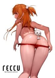 >_< :o absurdres artist_name ass bare_arms bikini bikini_pull blush braid breasts brown_eyes closed_eyes female french_braid from_behind glasses highres kneepits leaning_forward long_hair monster one_side_up open_mouth orange_hair reccu red_bikini simple_background standing swimsuit sword_art_online tied_hair underboob undressing watermark web_address white_background yuuki_asuna