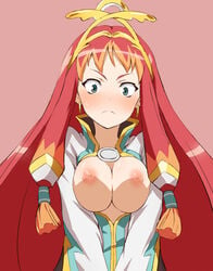 >:( bangs blue_eyes blush breast_squeeze breasts breasts_out earrings female frown hair_tubes high_collar hoop_earrings inada_maki jewelry long_hair long_sleeves looking_at_viewer mahou_shoujo_taisen mahou_shoujo_taisen_zanbatsu multicolored_hair namuya nipples no_bra open_clothes orange_hair pink_background red_hair simple_background solo sweatdrop tiara two_tone_hair upper_body very_long_hair wide_eyed