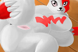 anthro ass big_breasts breasts clitoris female fur huge_breasts lupycat mammal nintendo pokemon pokemon_(species) presenting presenting_pussy pussy simple_background slightly_chubby smile solo spread_pussy spreading video_games zangoose