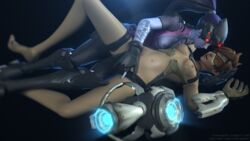 2girls 3d female female_only fingering functionally_nude goggles harness masturbation mostly_nude multiple_girls overwatch reddoe tracer widowmaker yuri