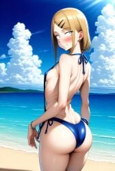 ai_generated artist_request back_view bare_legs beach big_ass big_butt bikini blonde_hair blush brown_eyes curvaceous curvy_female dagashi_kashi endou_saya_(dagashi_kashi) fat_ass huge_thighs light-skinned_female light_skin long_hair looking_back small_breasts smiling solo_female squatting sweat sweatdrop thick_thighs thighs