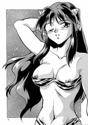 1girls 2001 bikini black_and_white blush breasts comic female greyscale horns large_breasts long_hair lum manabe_jouji monochrome nipples oni page_6 page_number pointy_ears princess solo tiger_print urusei_yatsura