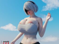 1boy 1girls 3d 3d_(artwork) big_breasts breasts clothed clothed_female female female_focus giant_female giant_woman giantess gift_art jessicagts large_boobs large_breasts macro macro_female nier nier:_automata nier_(series) robot robot_girl robot_humanoid stuck_between_breasts trapped_between_breasts yorha_2b