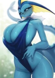 2024 5_fingers :3 absurd_res anthro anthrofied big_breasts biped blue_body blue_tail blush blush_lines breasts clothed clothing digital_drawing_(artwork) digital_media_(artwork) eeveelution eyebrows eyelashes faejunkie female female_anthro fingers generation_1_pokemon hi_res huge_breasts looking_at_viewer nintendo non-mammal_breasts one-piece_swimsuit pokemon pokemon_(species) pokemorph solo swimwear tail vaporeon