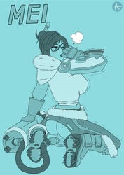 2d ass blush boots breasts fur_boots fur_coat fur_collar fur_trim glasses mei_(overwatch) overwatch sideboob squatting