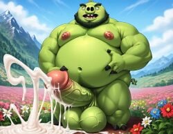 1boy 1male ai_generated angry_birds anthro balls big_balls big_muscles big_nipples big_penis big_testicles booster_rex chubby chubby_anthro chubby_male cum cumming cumshot daddy day erect_penis erection excessive_cum flower furry furry_male gay green_body green_skin huge_balls huge_cock huge_muscles huge_nipples huge_testicles king_leonard male male_only masturbating masturbation muscles muscular muscular_anthro muscular_male nipples penis pig sky testicles thick_eyebrows