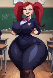 1girls ai_generated aiba_manami alternate_breast_size big_ass big_breasts boku_no_hero_academia bowtie chalkboard chalkboard_writing classroom curvy_female curvy_figure desk earrings ero-sennin female female_focus hourglass_figure huge_ass la_brava_(my_hero_academia) large_breasts light-skinned_female light_skin looking_at_viewer my_hero_academia pencil_skirt standing teacher thick thick_thighs twintails voluptuous voluptuous_female wide_hips