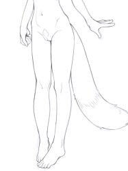 completely_nude female female_pubic_hair greyscale kokuya_(kokuya28) lower_body monochrome navel nude ookami_yuki_(kokuya28) original pubic_hair pussy simple_background solo tail uncensored
