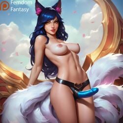 1girls ahri ai_generated bondage dildo dominant domination dominatrix face female femdom femdomfantasyai league_of_legends smug solo strap-on strapon tencent