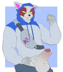 anthro balls bluedomstar blush bodily_fluids clothing epic_games erection felid feline fortnite fur genital_fluids genitals glowing glowing_eyes half-closed_eyes hi_res hoodie humanoid_genitalia humanoid_penis male mammal multicolored_body multicolored_fur narrowed_eyes nyanja_(fortnite) penis pouch_(clothing) precum robotic_hand solo sweat topwear whiskers white_body white_fur