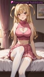 1girls ai_generated anime anime_style bangs bare_arms bare_shoulders bed blonde_hair blush breasts brown_eyes bust busty cleavage cleavage_cutout clothing_cutout crop_top curtains death_note earrings feet_out_of_frame female female_focus female_only heart heart_cutout heart_earrings hentai indoors jewelry knee_up lamp large_breasts lipstick long_hair looking_at_viewer makeup midriff miniskirt misa_amane nail_polish natsuyoru navel on_bed parted_lips pink_shirt pink_skirt pleated_skirt red_lips red_nails ribbed_shirt shirt sitting skirt sleeveless sleeveless_shirt sleeveless_turtleneck smile solo solo_female stomach sweater thighhighs thighs turtleneck two_side_up voluptuous voluptuous_female white_thighhighs zettai_ryouiki