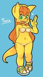 2_toes 4_fingers anthro bangs blue_background blush bra breasts claws cleavage dinosaur english_text eyelashes feet female female_only flower freckles green_eyes highres horn horns long_hair looking_at_viewer open_mouth original_character panties sandals sarikyou small_breasts smile solo tail tattoo text toe_claws toes toria triceratops very_long_hair yellow_skin