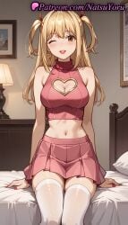 1girls ai_generated anime anime_style bangs bare_arms bare_shoulders bed blonde_hair blush breasts brown_eyes bust busty cleavage cleavage_cutout clothing_cutout crop_top death_note earrings female female_focus female_only hair_ribbon heart heart_cutout hentai indoors jewelry lamp large_breasts lipstick long_hair looking_at_viewer makeup medium_breasts midriff miniskirt misa_amane nail_polish natsuyoru navel on_bed one_eye_closed parted_lips pillow pink_shirt pink_skirt pleated_skirt red_lips red_nails ribbon shirt sitting skirt sleeveless sleeveless_shirt sleeveless_turtleneck smile solo solo_female stomach thighhighs thighs turtleneck two_side_up voluptuous voluptuous_female white_thighhighs zettai_ryouiki