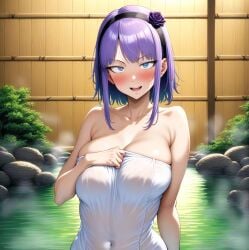 ai_generated artist_request bare_thighs blue_eyes blush dagashi_kashi gigantic_breasts hairband hot_spring huge_breasts huge_thighs light-skinned_female light_skin looking_at_viewer massive_breasts purple_hair shidare_hotaru short_hair smiling solo_female squatting sweat sweatdrop thick_body thick_female thick_thighs thighs towel towel_only voluptuous voluptuous_female