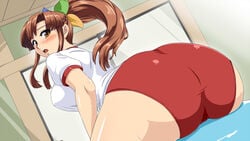 95-tan ass big_ass blush breasts brown_eyes brown_hair buruma dat_ass dutch_angle female gym_uniform large_breasts long_hair looking_at_viewer looking_back microsoft microsoft_windows open_mouth os-tan solo sweat toushi_ryoku windows_95