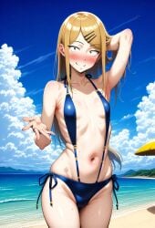 ai_generated artist_request bare_legs beach blonde_hair blush brown_eyes curvaceous curvy_female dagashi_kashi ear_piercing endou_saya_(dagashi_kashi) huge_thighs light-skinned_female light_skin long_hair looking_at_viewer sling_bikini small_breasts smiling solo_female squatting sweat sweatdrop thick_thighs thighs