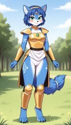 1girls 2024 ai_generated anthro armor blue_eyes blue_fur blue_hair blushing bottomless bottomless_female canine digitigrade emerald_(gem) female female_only gold_armor gold_jewelry hi_res inner_ear_fluff innie_pussy knight krystal looking_at_viewer nintendo outdoors pussy short_hair smile star_fox white_fur